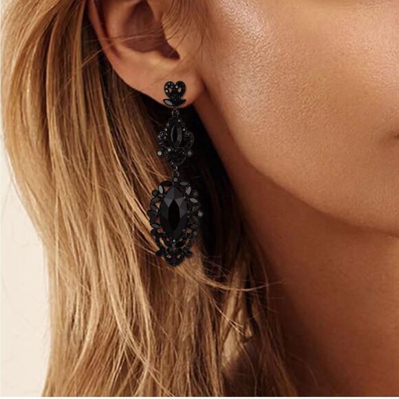 Carbon Black with Black Onyx Crystal Art Deco Chandelier Post Back Drop Earrings - Picture 3 of 4